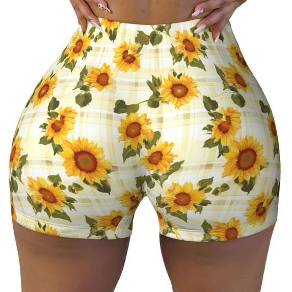 Sikiie Light Green Plaid Sunflower Print Workout Shorts Women Scrunch Butt Gym Shorts Seamless High Waist Tummy Control Yoga Biker Athletic Shorts