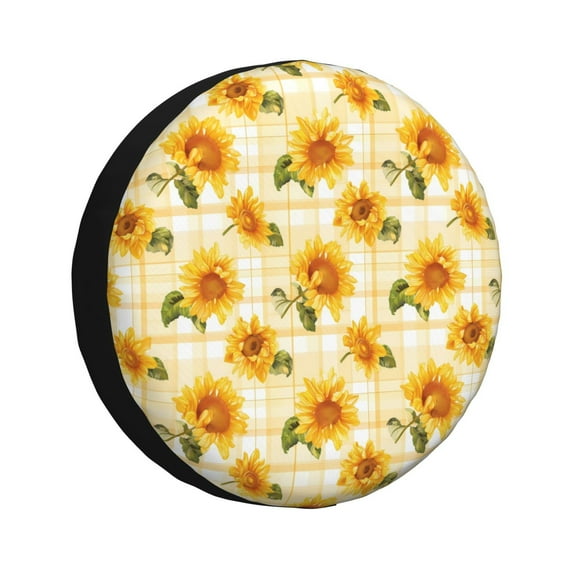 Sikiie Light Yellow Plaid Sunflower PVC Leather Spare Tire Wheel Cover Spare Tire Cover, for Car Truck SUV Camper Trailer Universal Fit(14-17in)-15 inch