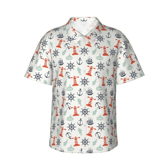 Sikiie Lighthouse Sailboat Print Men's Hawaiian Shirt, Summer Beach Button Pocket Short Sleeve T-Shirt,Medium