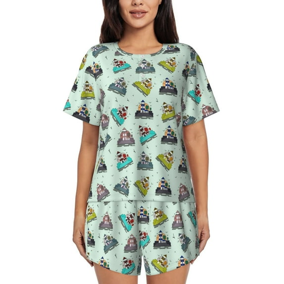 Sikiie Lighthouse Womens Pajama Sets Short Sleeve Top With Pants Sleepwear 2 Piece Lounge Set-Medium