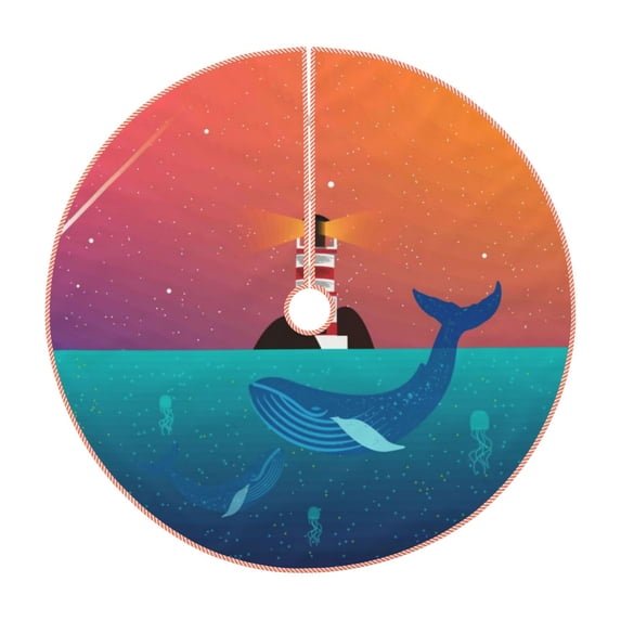 Sikiie Lighthouse and Whale Nativity Christmas Tree Skirt, Jesus Christian Winter Holiday Tree Mat Decoration(30-48IN)30"