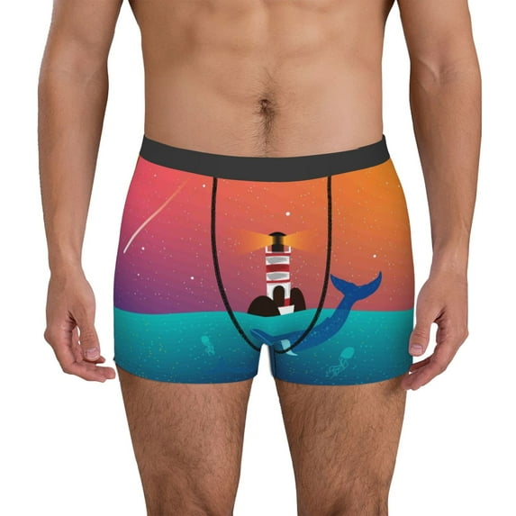Sikiie Lighthouse and Whale Print Men's Boxer Briefs, Elastic Waistband Boxer Briefs Leggings-XX-Large