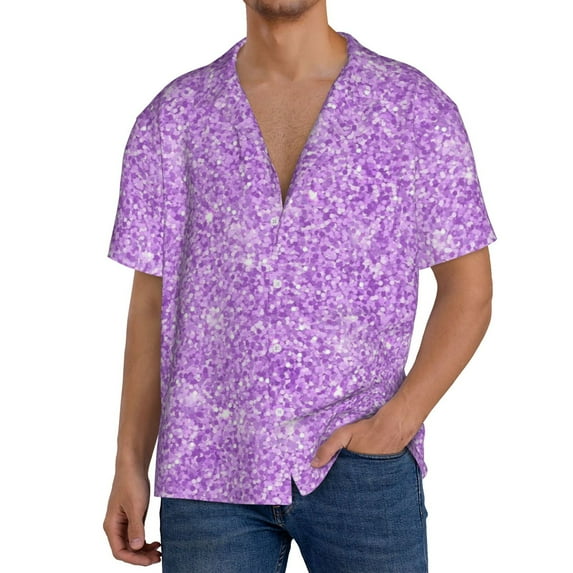 Sikiie Lilac Glittering Men's Wrinkle Free Untucked Cuban Shirt Business Casual Button Down Shirts Short Sleeve ShirtXX-Large