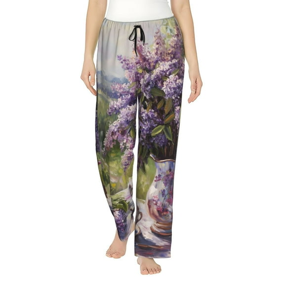Sikiie Lilacs Teapot Scenic Painting Women’s Lounge Pants, Lounge Pants Sleep Bottoms, Lounge for Women, Womens Pajama Pants -X-Large