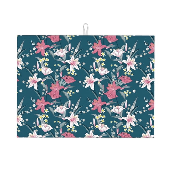 Sikiie Lilies Flowers Dish Drying Mat, Kitchen Counter Mat, Self Drying Mat for Kitchen Counter Dish Drying Pad ,for Dishes, Utensils, Pots and Pans(24" x 18")
