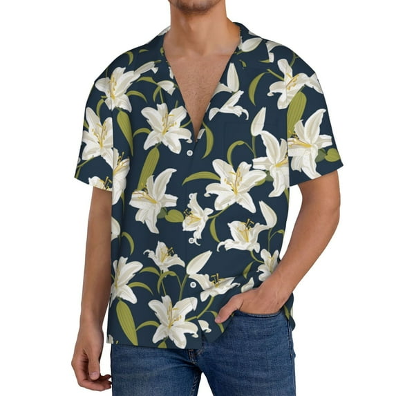 Sikiie Lilies Flowers Men's Wrinkle Free Untucked Cuban Shirt Business Casual Button Down Shirts Short Sleeve ShirtLarge