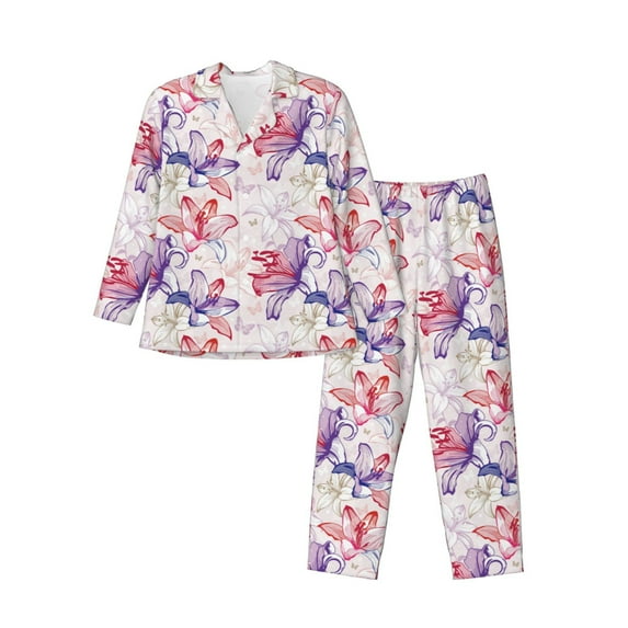 Sikiie Lilies Flowers Mens Pajama Set, Soft Warm Long Sleeve Sleepwear, Cozy Button-Down Pjs for Men-Large