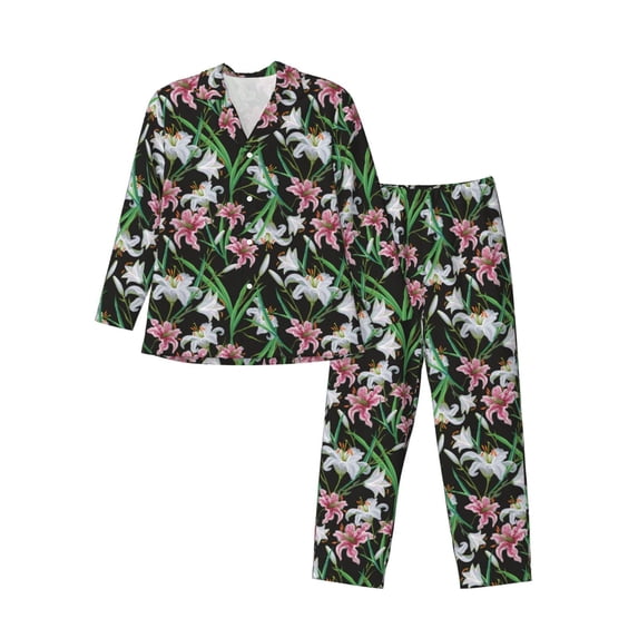 Sikiie Lilies Flowers Mens Pajama Set, Soft Warm Long Sleeve Sleepwear, Cozy Button-Down Pjs for Men-Small