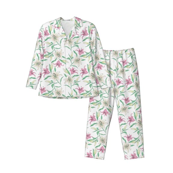 Sikiie Lilies Flowers Mens Pajama Set, Soft Warm Long Sleeve Sleepwear, Cozy Button-Down Pjs for Men-XX-Large