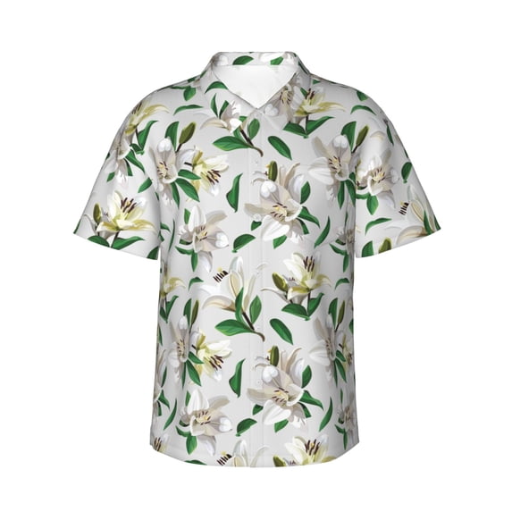 Sikiie Lilies Flowers Print Men's Hawaiian Shirt, Summer Beach Button Pocket Short Sleeve T-Shirt,Medium