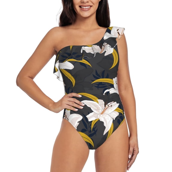 Sikiie Lilies Flowers Print Women One Piece Swimsuits Tummy Control One Shoulder Bathing Suits Ruffle Swimwear, From S to XXL-Large