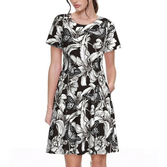 Sikiie Lilies Flowers Print Women's Short-sleeved Dress, Round Neck Slim Knee-length Dress, Summer Clothing Suitable for Daily Leisure and Vacation