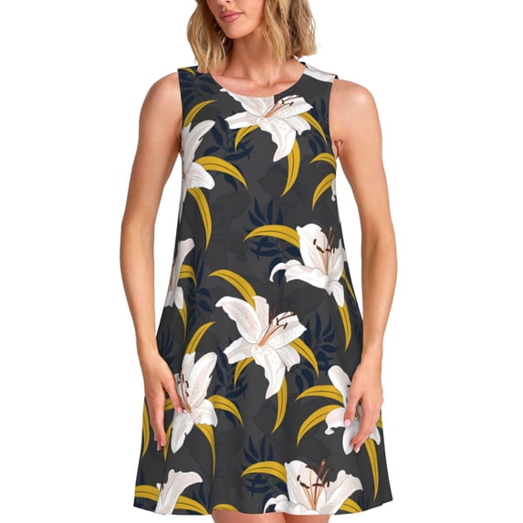 Sikiie Lilies Flowers Print Women's Sleeveless Dress with Pockets Round Neck Sundress, Suitable for Daily, Office, Vacation Summer Wear
