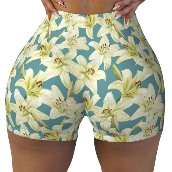 Sikiie Lilies Flowers Print Workout Shorts Women Scrunch Butt Gym Shorts Seamless High Waist Tummy Control Yoga Biker Athletic Shorts