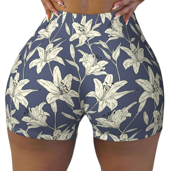 Sikiie Lilies Flowers Print Workout Shorts Women Scrunch Butt Gym Shorts Seamless High Waist Tummy Control Yoga Biker Athletic Shorts
