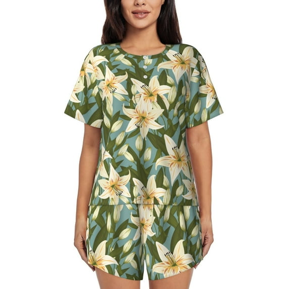 Sikiie Lilies Flowers Womens Pajama Sets Short Sleeve Top With Pants Sleepwear 2 Piece Lounge SetXX-Large