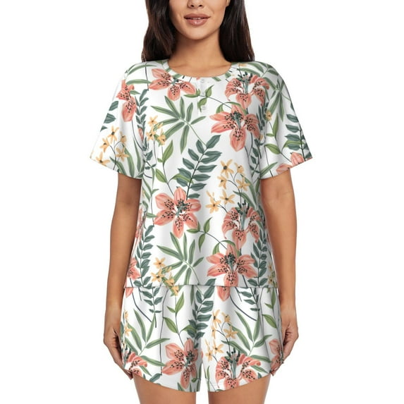 Sikiie Lilies Flowers Womens Pajama Sets Short Sleeve Top With Pants Sleepwear 2 Piece Lounge SetXX-Large