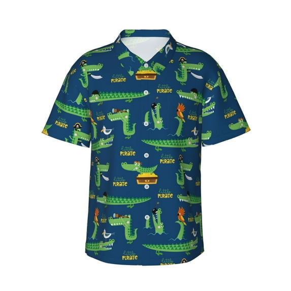 Sikiie Little Pirate Crocodile Print Men's Hawaiian Shirt, Summer Beach Button Pocket Short Sleeve T-Shirt,X-Large