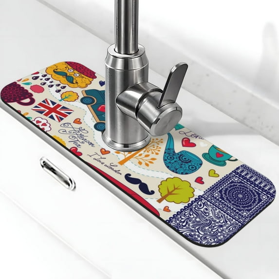 Sikiie London Symbols Splash Guard for Sink Faucet-1 PC Super Absorbent Fast Drying Mat Sink Gadgets-Splash Guard for Kitchen, Sink Mat