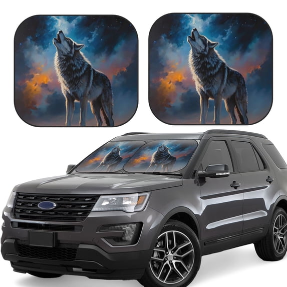 Sikiie Lonely Night Sky Wolf Print Foldable Car Windshield Sun Visor, Car Window Sunshade Suitable for Sedan, SUV and Truck Car Accessories-Small