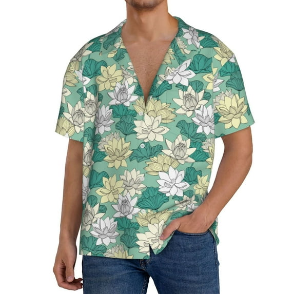 Sikiie Lotus Flower1 Men's Cuban Shirt, Hawaiian Shirts, Business Casual Button Down Shirts, Short Sleeve Shirt-X-Large