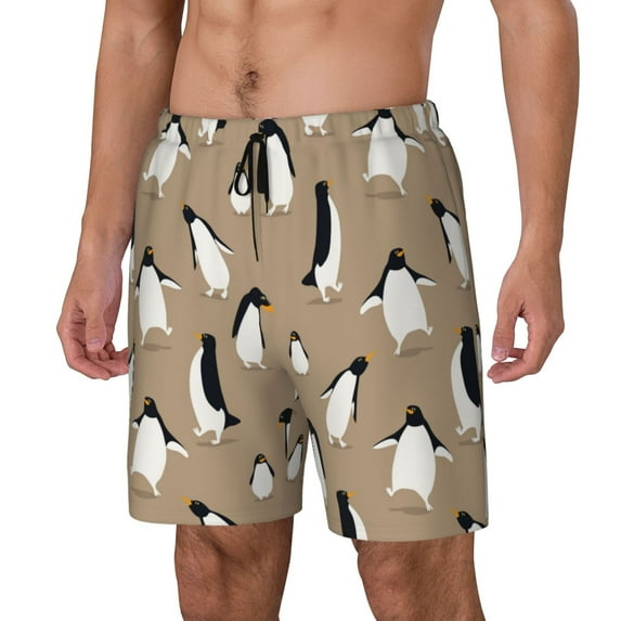Sikiie Lovely Penguin Print Men's Double Layer Swimming Trunks, Adjustable Waistband and Pockets Sports Swimming Trunks, Beach Swimwear-Medium