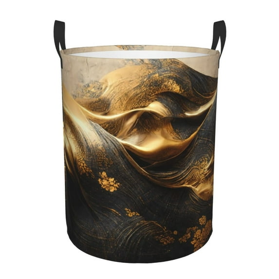 Sikiie Luxurious Gold Flow Print Round Dirty Clothes Basket, Waterproof Standing Foldable Storage Basket, for Laundry Room, Bedroom, Bathroom Storage-Medium