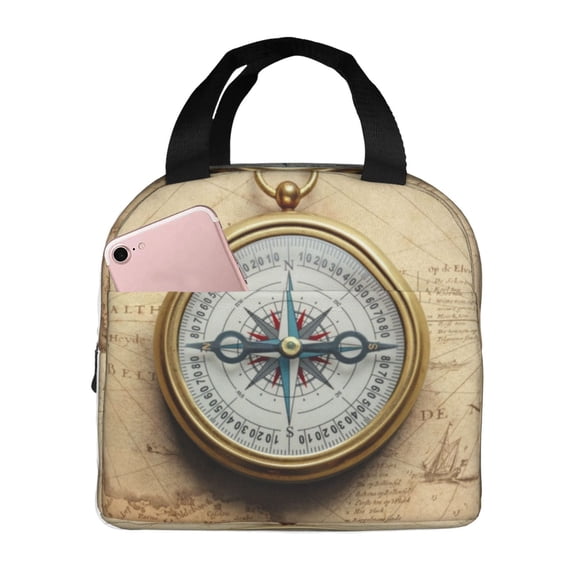 Sikiie Magnetic Old Compass On World Map Lunch Bag for Women & Men Adult Insulated Lunch Box, Food Lunch Containers Lunch Tote Bags for Work, Travel, Outdoor