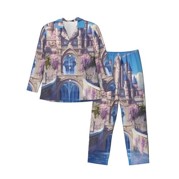 Sikiie Majestic Fantasy Castle Mens Pajama Set, Soft Warm Long Sleeve Sleepwear, Cozy Button-Down Pjs for Men-X-Large