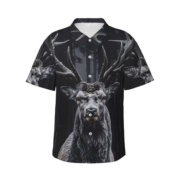 Sikiie Majestic Forest Stag Print Men's Hawaiian Shirt, Summer Beach Button Pocket Short Sleeve T-Shirt,Small