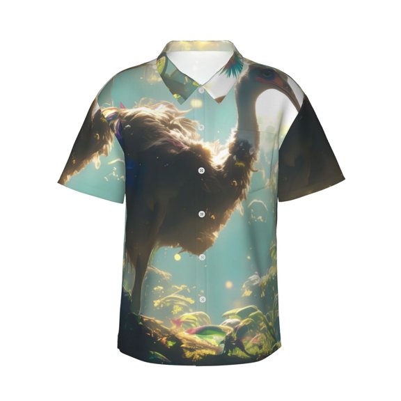 Sikiie Majestic Ostrich In Forest Print Men's Hawaiian Shirt, Summer Beach Button Pocket Short Sleeve T-Shirt,XX-Large