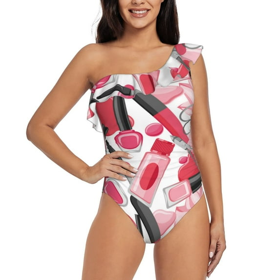 Sikiie Makeup Print Women One Piece Swimsuits Tummy Control One Shoulder Bathing Suits Ruffle Swimwear, From S to XXL-Large