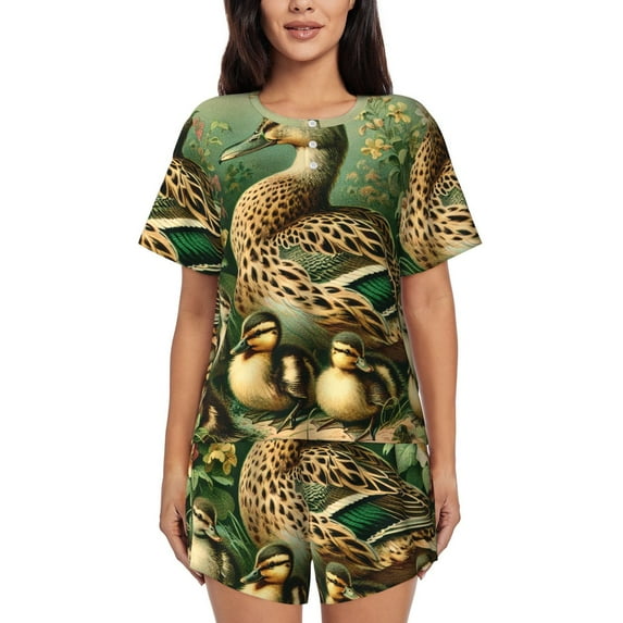 Sikiie Mallard Duck And Flowers Womens Pajama Sets Short Sleeve Top With Pants Sleepwear 2 Piece Lounge Set-Large