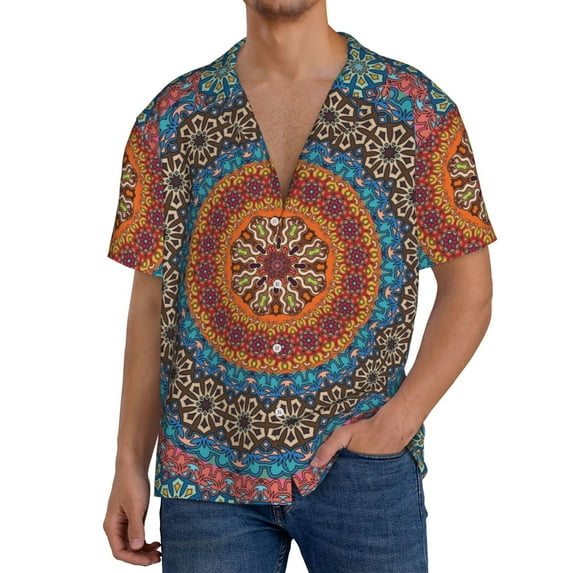 Sikiie Mandala Men's Wrinkle Free Untucked Cuban Shirt Business Casual Button Down Shirts Short Sleeve Shirt3X-Large