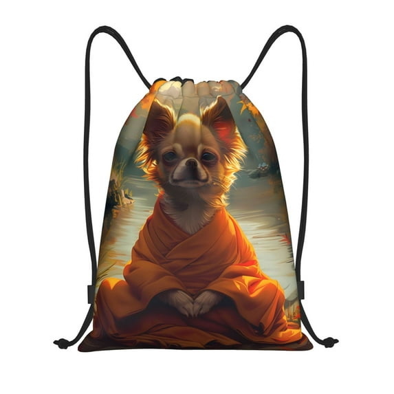 Sikiie Maple Leaf Meditating Chihuahua Drawstring Backpack Drawstring Bags, Draw String Back Bag for Sports, Gym, Travel, Swimming, Beach-Medium