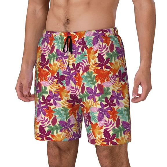 Sikiie Maple Leaves Print Men's Double Layer Swimming Trunks, Adjustable Waistband and Pockets Sports Swimming Trunks, Beach Swimwear-Large