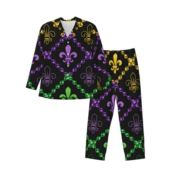 Sikiie Mardi Gra Geometric Mens Pajama Set, Soft Warm Long Sleeve Sleepwear, Cozy Button-Down Pjs for Men-Medium
