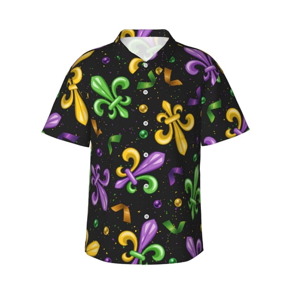 Sikiie Mardi Gras Carnival4 Print Men's Hawaiian Shirt, Summer Beach Button Pocket Short Sleeve T-Shirt,Small