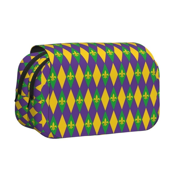Sikiie Mardi Gras Print Flip Double-layer Pencil Case, All-purpose Stationery Bag for Study and Office, Zipper Design, Unisex