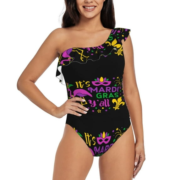 Sikiie Mardi Gras with Flamingo Print Women One Piece Swimsuits Tummy Control One Shoulder Bathing Suits Ruffle Swimwear, From S to XXL-Large