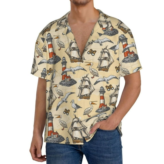 Sikiie Marine Birds And Coastal Lighthouse Men's Wrinkle Free Untucked Cuban Shirt Business Casual Button Down Shirts Short Sleeve ShirtXX-Large