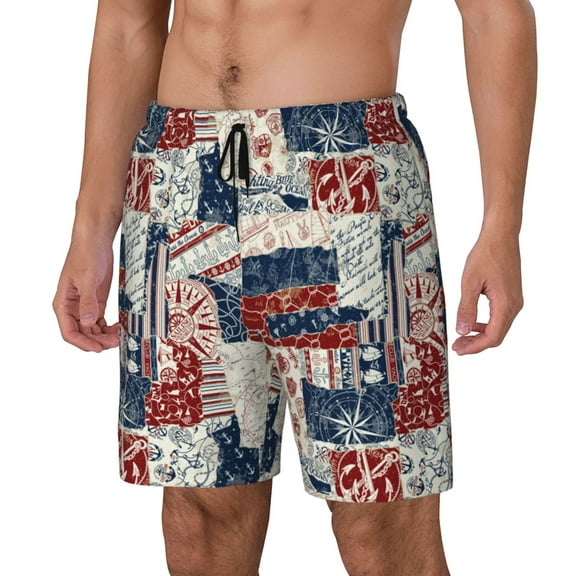 Sikiie Marine Sailing Print Men's Double Layer Swimming Trunks, Adjustable Waistband and Pockets Sports Swimming Trunks, Beach Swimwear-X-Large