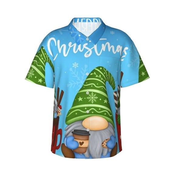Sikiie Merry Christmas Gnome Print Men's Hawaiian Shirt, Summer Beach Button Pocket Short Sleeve T-Shirt,Medium