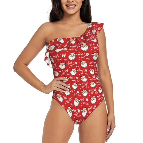 Sikiie Merry Christmas Santa Claus A Print Women One Piece Swimsuits Tummy Control One Shoulder Bathing Suits Ruffle Swimwear, From S to XXL-X-Large