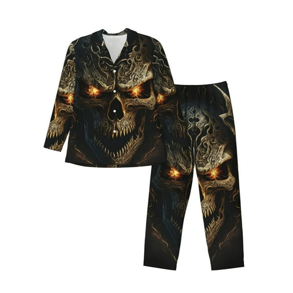 Sikiie Metal Evil Skull Mens Pajama Set, Soft Warm Long Sleeve Sleepwear, Cozy Button-Down Pjs for Men-Small