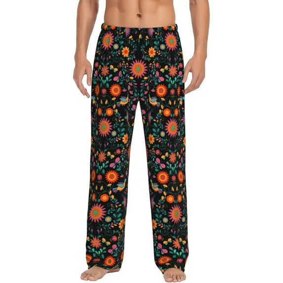 Sikiie Mexican Flower And Birds Pajama Pants Men, PJ Bottoms, Sleep & Lounge Pants-Large