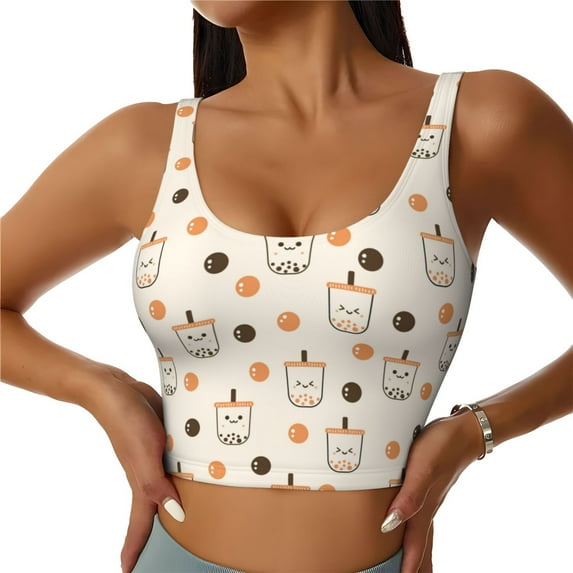 Sikiie Milk Tea Print Strappy Sports Bra for Women Padded Push Up Sports Bra Athletic Running Sports Bra Workout Bra Yoga Bra