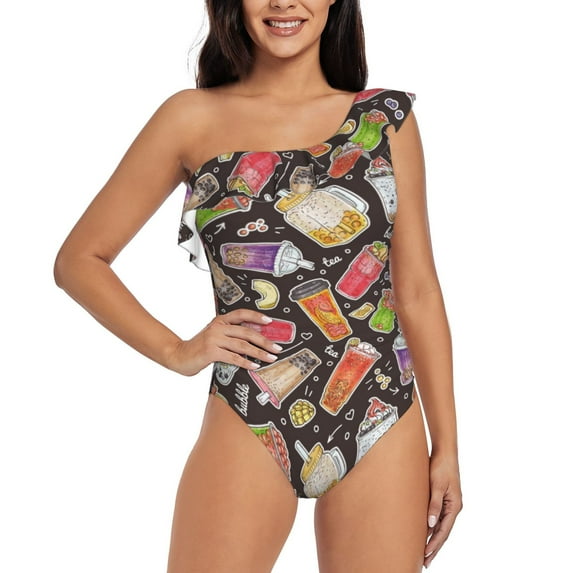 Sikiie Milk Tea Print Women One Piece Swimsuits Tummy Control One Shoulder Bathing Suits Ruffle Swimwear, From S to XXL-X-Large