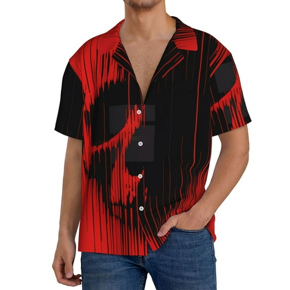 Sikiie Minimalist Skull Red Men's Cuban Shirt, Hawaiian Shirts, Business Casual Button Down Shirts, Short Sleeve Shirt-4X-Large