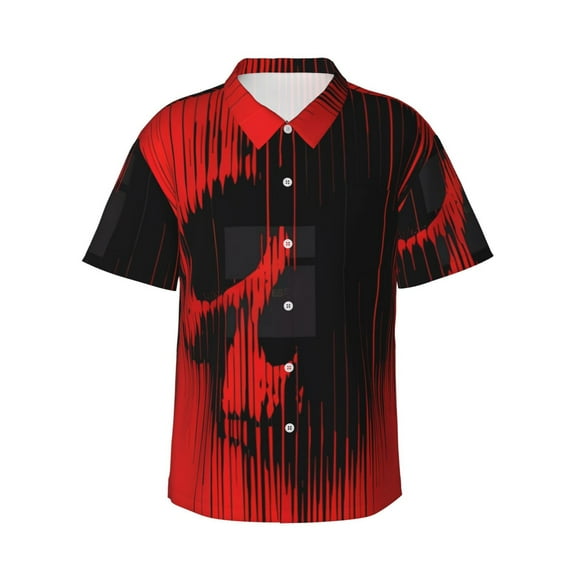 Sikiie Minimalist Skull Red Print Men's Hawaiian Shirt, Summer Beach Button Pocket Short Sleeve T-Shirt,Small